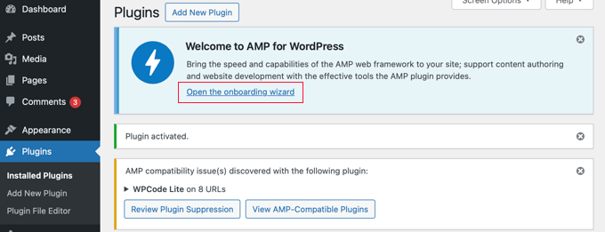 Open the AMP Plugin's Onboarding Wizard Open the AMP Plugin's Onboarding Wizard