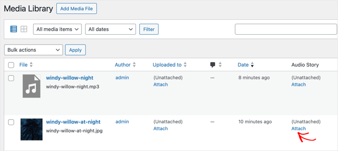 Făcând clic pe linkul „Atașare” în coloana „Audio Story”