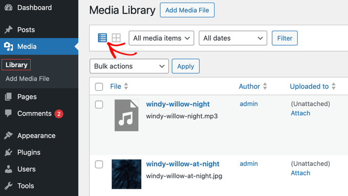 Comutarea la vizualizarea listă în biblioteca media WordPress