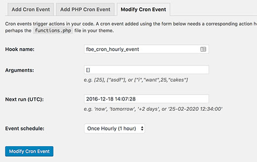 Modificarea setărilor cron Modificarea setărilor cron