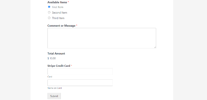 Stripe payment form Stripe payment form preview