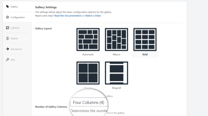 Choose gallery layout and number of columns Choose gallery layout and number of columns