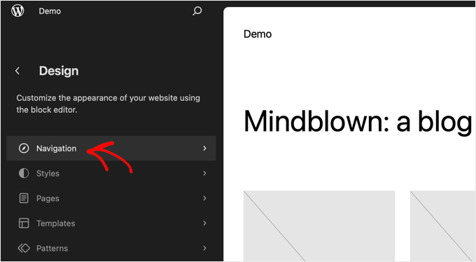 Go to the Navigation Section of the Full Site Editor and Select a Menu Go to the Navigation Section of the Full Site Editor and Select a Menu