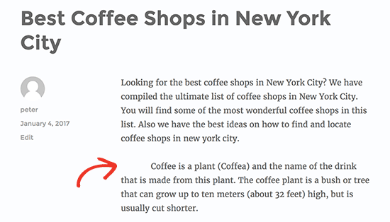 Indrag endast första raden i ett stycke i WordPress