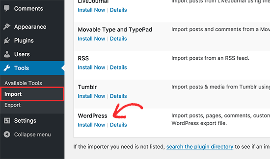 Install WordPress importer Install WordPress importer