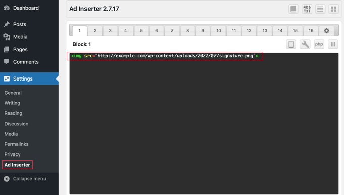 Enter Your Ad Code or Signature in the Plugin's Text Editor Enter Your Ad Code or Signature in the Plugin's Text Editor