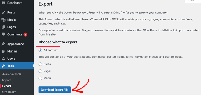 Export content from your secondary WordPress site Export content from your secondary WordPress site