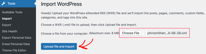 Upload WordPress import file Upload WordPress import file