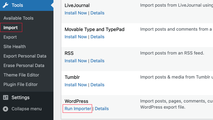 Run WordPress importer Run WordPress importer