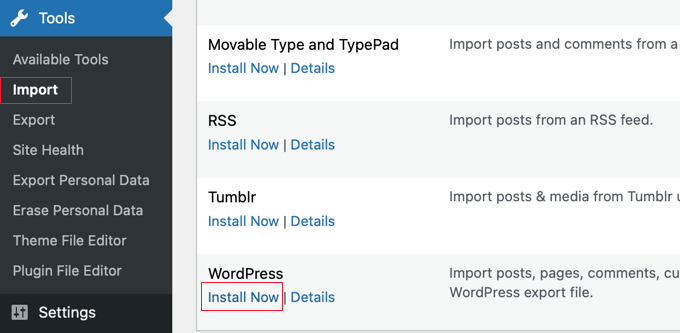 Install WordPress importer Install WordPress importer