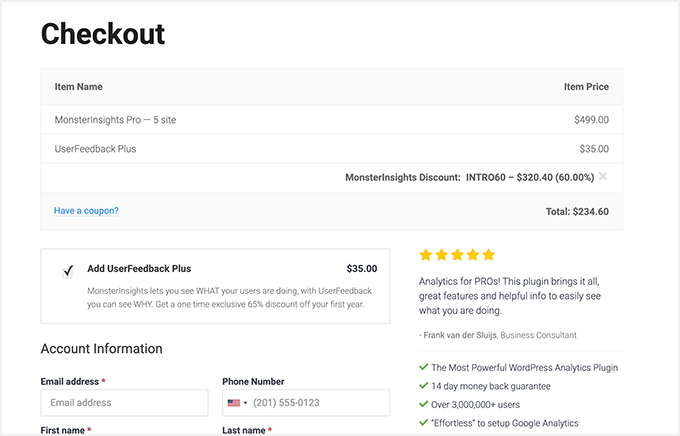 Apply MonsterInsights coupon code and checkout