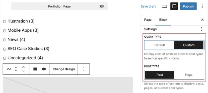Make Sure Custom and Page Are Selected in Query Loop Settings