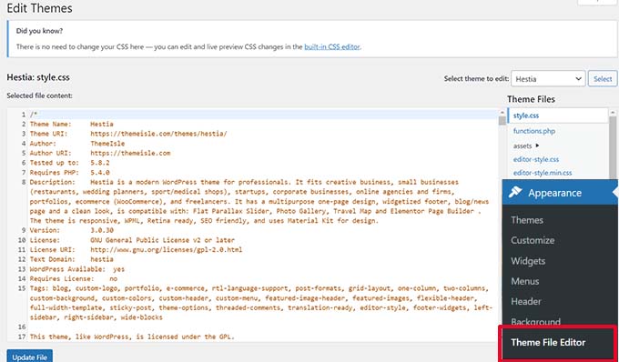 Editor de archivos del tema Editor de archivos del tema