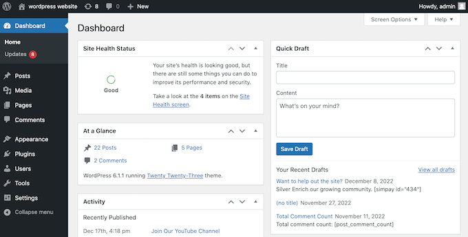The default WordPress blogging dashboard The default WordPress blogging dashboard