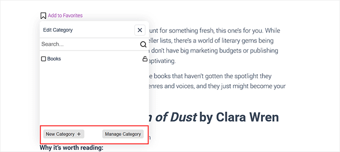 Add categories for your bookmarked posts and page