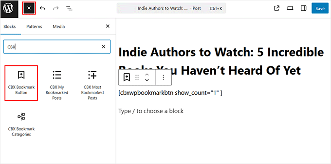 Add the CBX Bookmark block to your preferred page or post