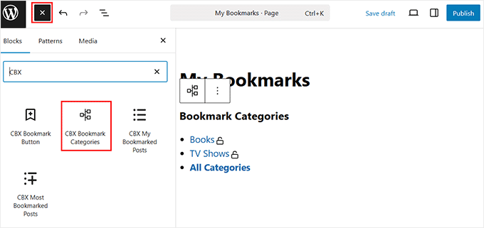 Add the CBX Bookmark Categories block