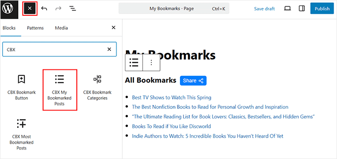 Add the CBX My Bookmarked Posts block