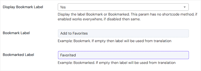 Choose the labels that will be displayed with the bookmark functionality