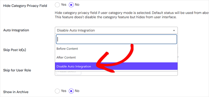 Choose the Disable Auto Integration option