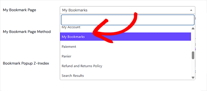 Choose the page where users can view their bookmarks