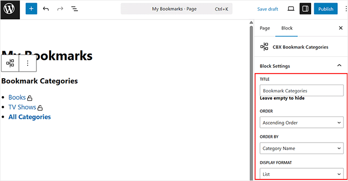 Configure the CBX Bookmark Categories block settings