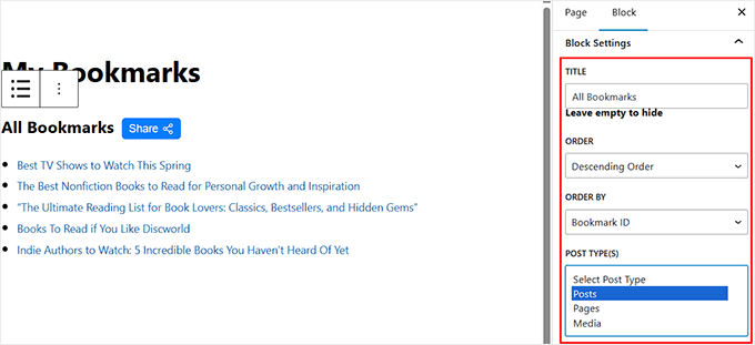 Configure the My Bookmarked Posts block settings