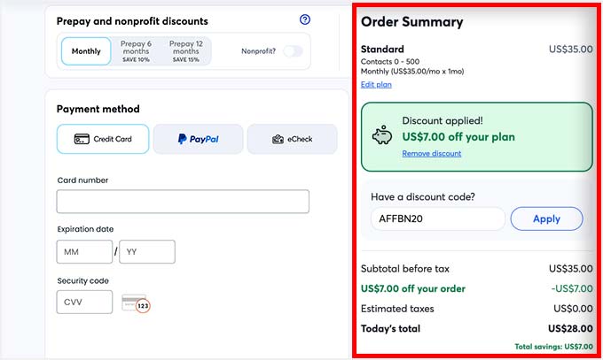 Pagina de finalizare a comenzii Constant Contact