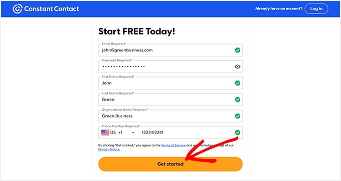 Introduceți o adresă de e-mail și o parolă pentru contul dvs. Constant Contact