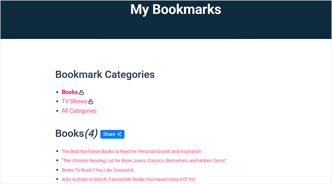 Preview of bookmarked posts categories on the My Book marks page