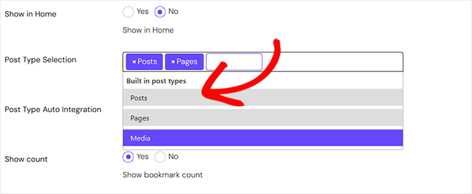Select post types that users will be allowed to bookmark