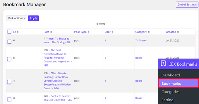 View the Bookmark Manager page