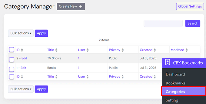 View the category manager page