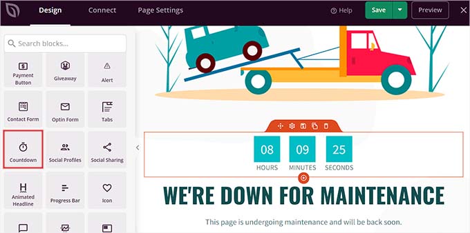 Aggiungi il blocco conto alla rovescia alla pagina di manutenzione