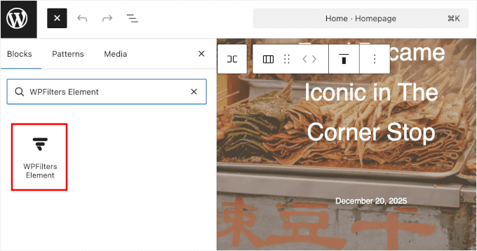 Adding WPFilters Element block Adding WPFilters Element block