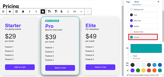 Change accent color in the pricing table Change accent color in the pricing table