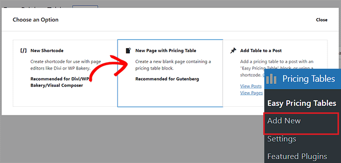 Choose where you want to add the pricing table Choose where you want to add the pricing table