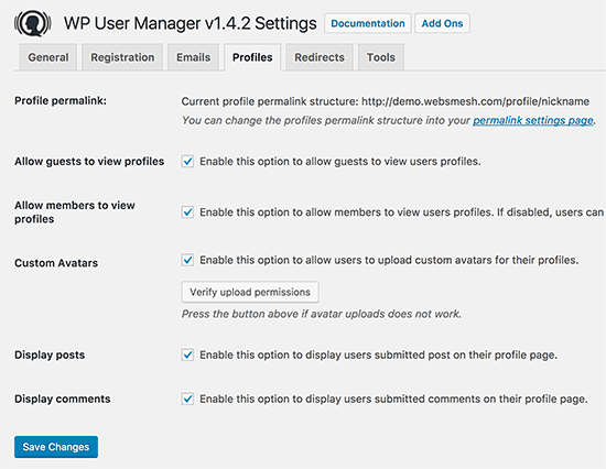 User profile page settings User profile page settings
