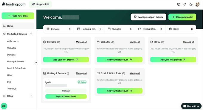 Hosting.com dashboard Hosting.com dashboard