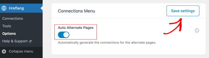 In Hreflang Manager, Toggle the Auto Alternate Pages Option On