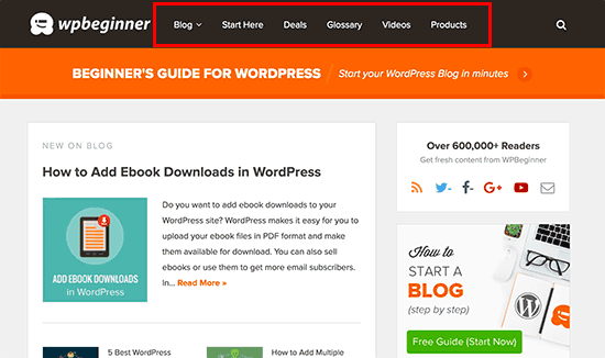 Navigation menu on a WordPress site Navigation menu on a WordPress site