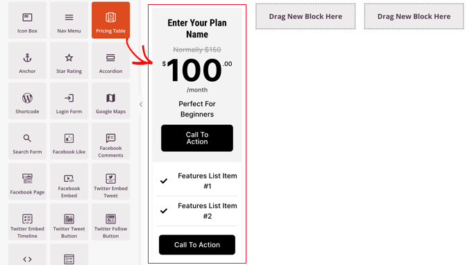 Add a SeedProd Pricing Table Block to Each Column Add a SeedProd Pricing Table Block to Each Column