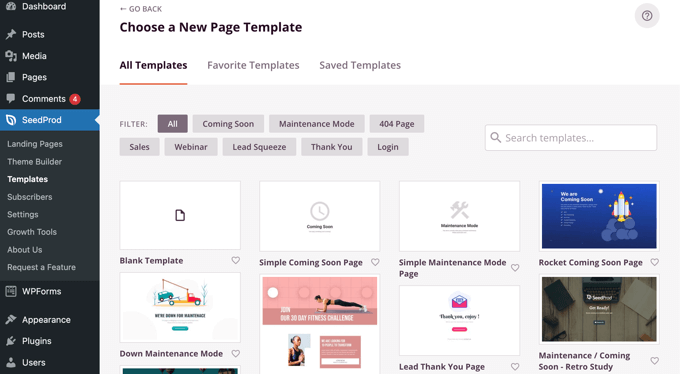 Select a SeedProd Landing Page Template Select a SeedProd Landing Page Template