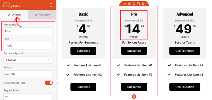 Customize Your Pricing Table Blocks Using the Content Tab Customize Your Pricing Table Blocks Using the Content Tab