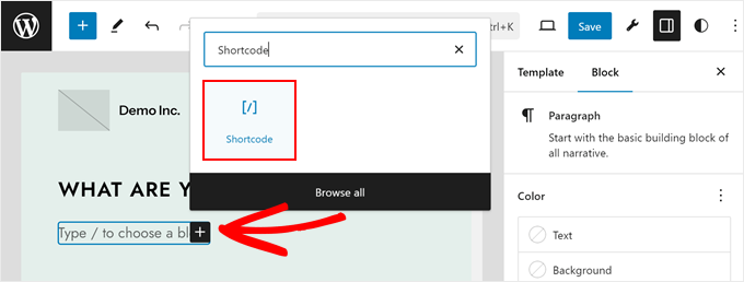 Einfügen eines Shortcodes im Block-Editor