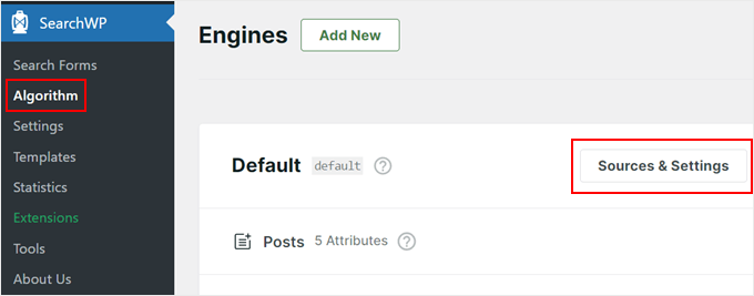 Quellen und Einstellungen in SearchWP auswählen
