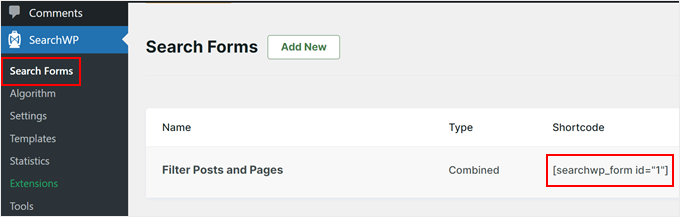 Kopieren eines Suchformular-Shortcodes in SearchWP