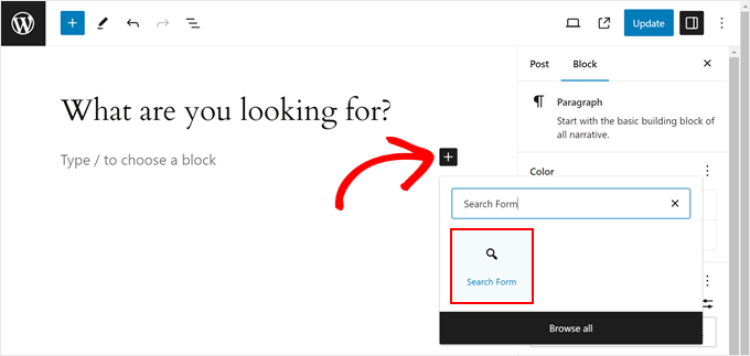 Hinzufügen des SearchWP-Suchformularblocks im Block-Editor