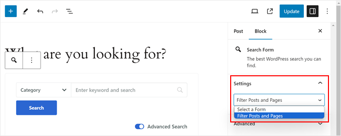 Auswahl eines SearchWP-Suchformulars im Block-Editor