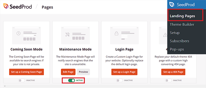 Disattiva l'interruttore della pagina di manutenzione su Inattivo